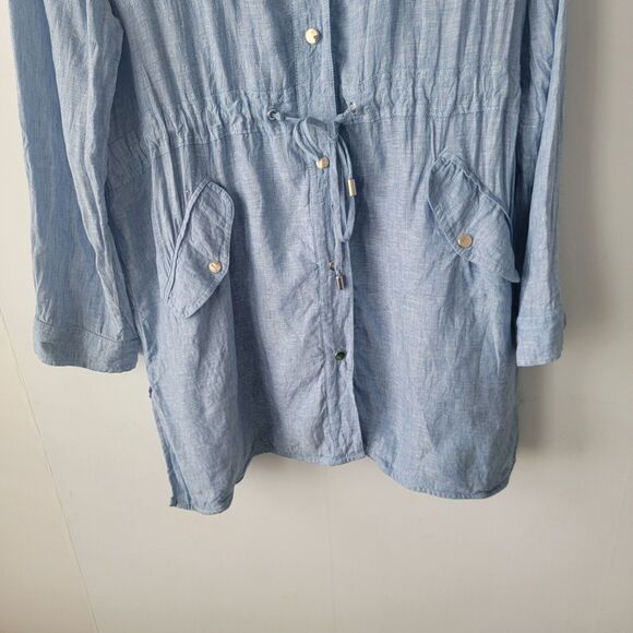 Chicos Womens 100% Linen Cross Utility Jacket sz 16/18 Drawstring Snap Down Blue - Picture 4 of 9